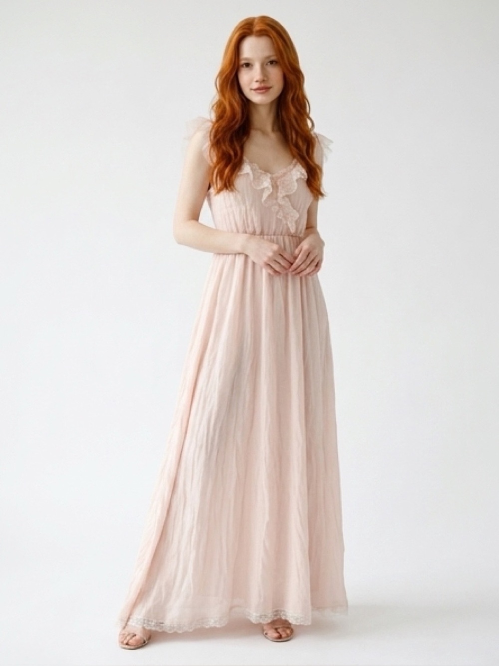 50s/60s European Vintage Princess Drape Strap & Lace Maxi Slip Dress (Pink) S/M